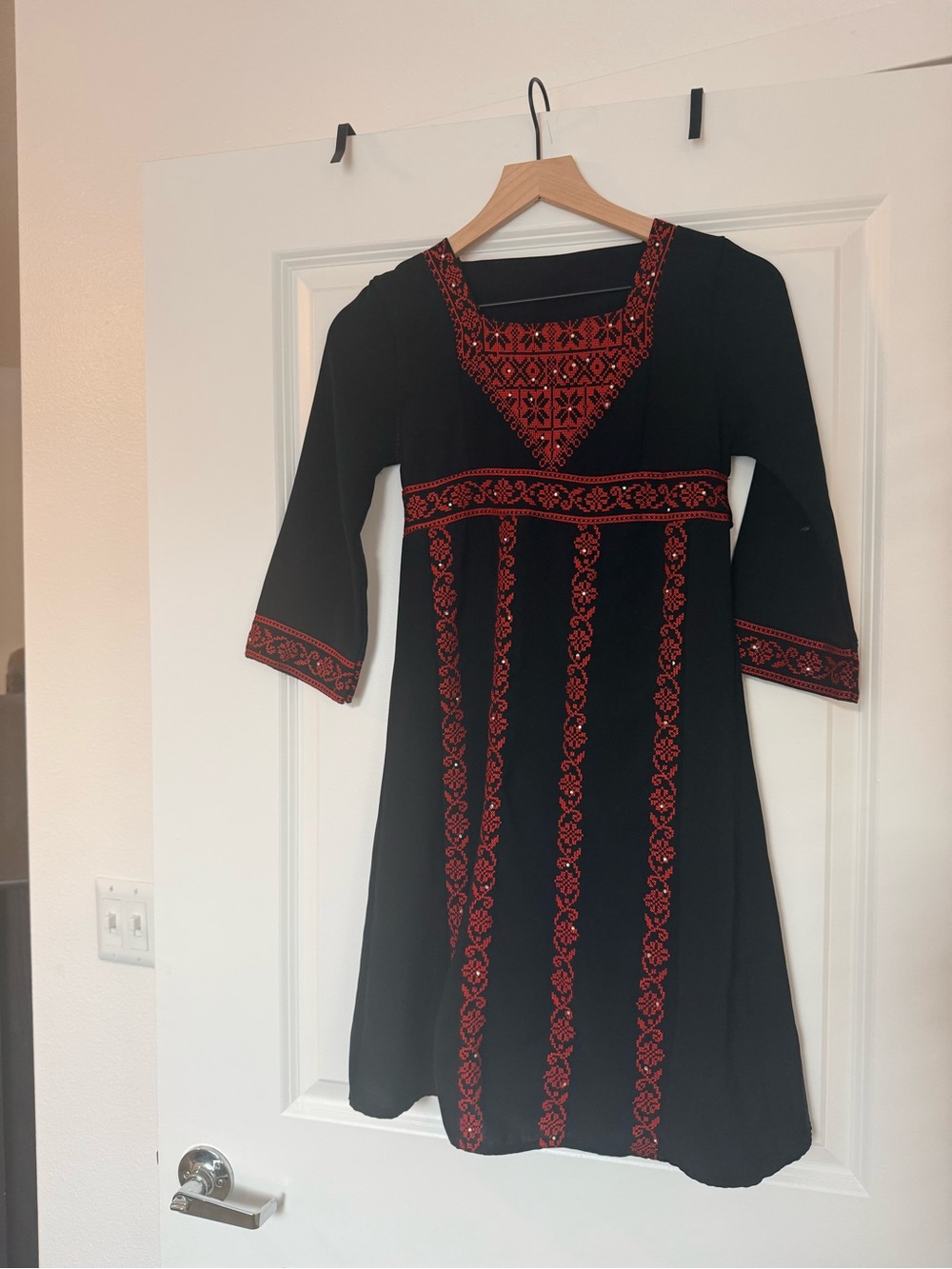 Black Dress with Red Embroidered Detail - Women's Dress